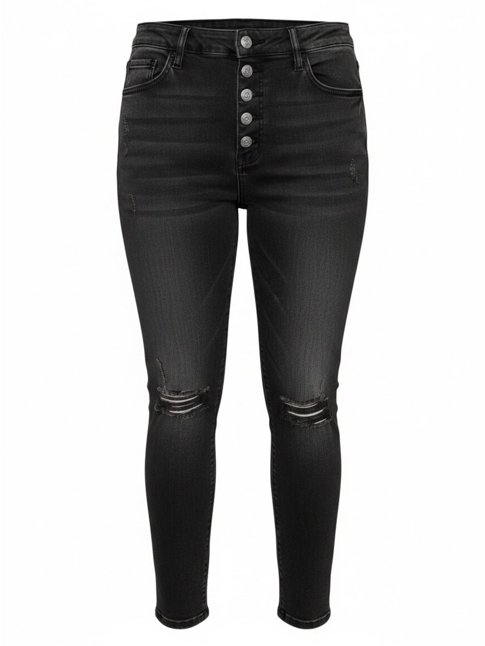 High-Rise Black Distressed Skinny Jeans with Button Fly